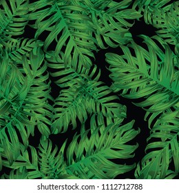 Palm Monstera Seamless Pattern. Black Green Tropical Summer Background. Beach Jungle Leaves for Swimwear Design. Lei Rapport. Vintage Hawaiian Print. Tropic Textile Texture.  Botanic tile.