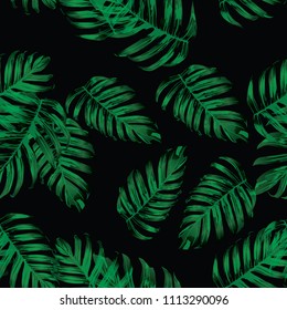 Palm Monstera Seamless Pattern. Black Green Tropical Summer Background. Beach Jungle Leaves for Swimwear Design. Lei Rapport. Retro Hawaiian Print. Exotic Texture. Botanic tile.