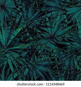 Palm Monstera Seamless Pattern. Black Green Tropical Summer Background. Beach Jungle Leaves for Swimwear Design. Lei Rapport. Retro Hawaiian Print. Tropic Textile Texture.  Botanic tiling.