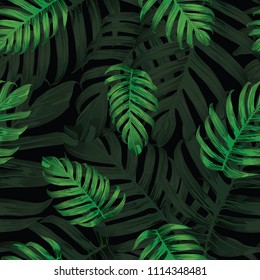 Palm Monstera Seamless Pattern. Black Green Tropical Summer Background. Beach Jungle Leaves for Swimwear Design. Lei Rapport. Retro Hawaiian Print. Tropic Textile Texture.  Botanic tiling.