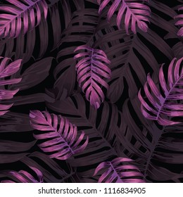 Palm Monstera Seamless Pattern. Black Pink Tropical Summer Background. Beach Jungle Leaves for Swimwear Design. Lei Rapport. Retro Hawaiian Print. Exotic Texture. Botanic tile.