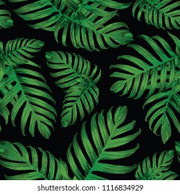 Palm Monstera Seamless Pattern. Black Green Tropical Summer Background. Beach Jungle Leaves for Swimwear Design. Lei Rapport. Vintage Hawaiian Print. Exotic Texture. Botanic tile.