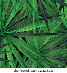 Palm Monstera Seamless Pattern. Black Green Tropical Summer Background. Beach Jungle Leaves for Swimwear Design. Lei Rapport. Vintage Hawaiian Print. Tropic Textile Texture.  Botanic tiling.