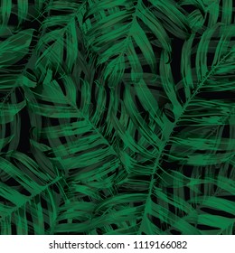 Palm Monstera Seamless Pattern. Black Green Tropical Summer Background. Beach Jungle Leaves for Swimwear Design. Lei Rapport. Retro Hawaiian Print. Exotic Texture. Botanic tiling.