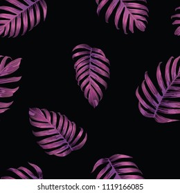 Palm Monstera Seamless Pattern. Black Pink Tropical Summer Background. Beach Jungle Leaves for Swimwear Design. Lei Rapport. Retro Hawaiian Print. Exotic Texture. Botanic tiling.