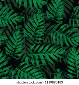 Palm Monstera Seamless Pattern. Black Green Tropical Summer Background. Beach Jungle Leaves for Swimwear Design. Lei Rapport. Retro Hawaiian Print. Exotic Texture. Botanic tile.