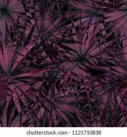 Palm Monstera Seamless Pattern. Black Pink Tropical Summer Background. Beach Jungle Leaves for Swimwear Design.Vintage Hawaiian Print. Exotic Texture. Botanic tile.