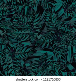 Palm Monstera Seamless Pattern. Black Green Tropical Summer Background. Beach Jungle Leaves for Swimwear Design. Vintage Hawaiian Print. Exotic Texture. Botanic tiling.