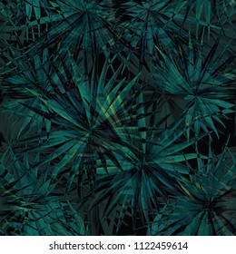 Palm Monstera Seamless Pattern. Black Green Tropical Summer Background. Beach Jungle Leaves for Swimwear Design. Lei Rapport. Vintage Hawaiian Print. Exotic Texture. Botanic tile.