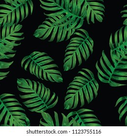 Palm Monstera Seamless Pattern. Black Green Tropical Summer Background. Beach Jungle Leaves for Swimwear Design. Lei Rapport. Retro Hawaiian Print. Exotic Texture. Botanic tile.