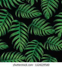 Palm Monstera Seamless Pattern. Black Green Tropical Summer Background. Beach Jungle Leaves for Swimwear Design. Vintage Hawaiian Print. Tropic Textile Texture.  Botanic tiling.