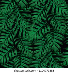 Palm Monstera Seamless Pattern. Black Green Tropical Summer Background. Beach Jungle Leaves for Swimwear Design. Lei Rapport. Retro Hawaiian Print. Tropic Textile Texture.  Botanic tiling.