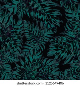 Palm Monstera Seamless Pattern. Black Green Tropical Summer Background. Beach Jungle Leaves for Swimwear Design. Lei Rapport. Vintage Hawaiian Print. Exotic Texture. Botanic tiling.