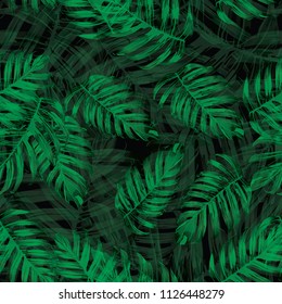 Palm Monstera Seamless Pattern. Black Green Tropical Summer Background. Beach Jungle Leaves for Swimwear Design. Lei Rapport. Retro Hawaiian Print. Tropic Textile Texture.  Botanic tile.