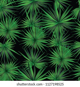 Palm Monstera Seamless Pattern. Black Green Tropical Summer Background. Beach Jungle Leaves for Swimwear Design. Lei Rapport. Vintage Hawaiian Print. Exotic Texture. Botanic tile.