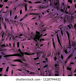 Palm Monstera Seamless Pattern. Black Pink Tropical Summer Background. Beach Jungle Leaves for Swimwear Design. Lei Rapport. Vintage Hawaiian Print. Exotic Texture. Botanic tiling.