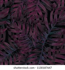Palm Monstera Seamless Pattern. Black Pink Tropical Summer Background. Beach Jungle Leaves for Swimwear Design. Lei Rapport. Vintage Hawaiian Print. Exotic Texture. Botanic tiling.
