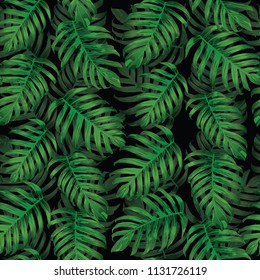 Palm Monstera Seamless Pattern. Black Green Tropical Summer Background. Beach Jungle Leaves for Swimwear Design. Lei Rapport. Vintage Hawaiian Print. Tropic Textile Texture.  Botanic tile.