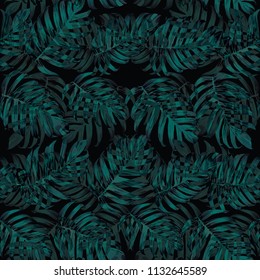 Palm Monstera Seamless Pattern. Black Green Tropical Summer Background. Beach Jungle Leaves for Swimwear Design. Lei Rapport. Retro Hawaiian Print. Exotic Texture. Botanic tile.