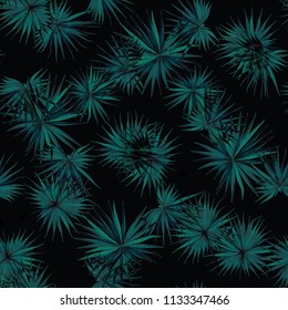 Palm Monstera Seamless Pattern. Black Green Tropical Summer Background. Beach Jungle Leaves for Swimwear Design. Lei Rapport. Vintage Hawaiian Print. Exotic Texture. Botanic tile.