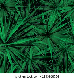 Palm Monstera Seamless Pattern. Black Green Tropical Summer Background. Beach Jungle Leaves for Swimwear Design. Lei Rapport. Retro Hawaiian Print. Exotic Texture. Botanic tiling.