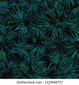 Palm Monstera Seamless Pattern. Black Green Tropical Summer Background. Beach Jungle Leaves for Swimwear Design. Lei Rapport. Vintage Hawaiian Print. Tropic Textile Texture.  Botanic tiling.