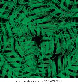 Palm Monstera Seamless Pattern. Black Green Tropical Summer Background. Beach Jungle Leaves for Swimwear Design. Lei Rapport. Vintage Hawaiian Print. Tropic Textile Texture.  Botanic tile.