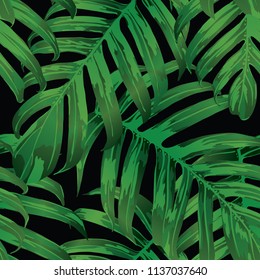 Palm Monstera Seamless Pattern. Black Green Tropical Summer Background. Beach Jungle Leaves for Swimwear Design. Lei Rapport. Vintage Hawaiian Print. Exotic Texture. Botanic tiling.