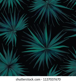 Palm Monstera Seamless Pattern. Black Green Tropical Summer Background. Beach Jungle Leaves for Swimwear Design. Lei Rapport. Vintage Hawaiian Print. Tropic Textile Texture.  Botanic tile.