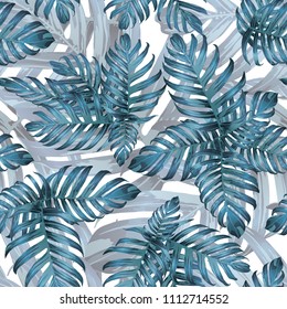 Palm Monstera Seamless Pattern. Blue White Tropical Summer Background. Beach Jungle Leaves for Swimwear Design. Lei Rapport. Vintage Hawaiian Print. Tropic Textile Texture.  Botanic tiling.
