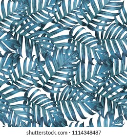 Palm Monstera Seamless Pattern. Blue White Tropical Summer Background. Beach Jungle Leaves for Swimwear Design. Lei Rapport. Retro Hawaiian Print. Tropic Textile Texture.  Botanic tile.