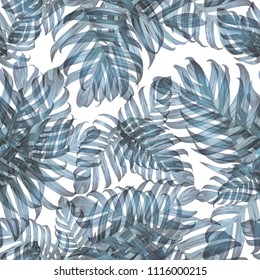 Palm Monstera Seamless Pattern. Blue White Tropical Summer Background. Beach Jungle Leaves for Swimwear Design. Lei Rapport. Retro Hawaiian Print. Exotic Texture. Botanic tiling.