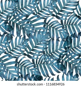 Palm Monstera Seamless Pattern. Blue White Tropical Summer Background. Beach Jungle Leaves for Swimwear Design. Lei Rapport. Retro Hawaiian Print. Exotic Texture. Botanic tile.
