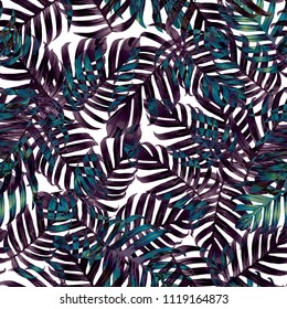 Palm Monstera Seamless Pattern. Blue Black Tropical Summer Background. Beach Jungle Leaves for Swimwear Design. Lei Rapport. Vintage Hawaiian Print. Exotic Texture. Botanic tile.