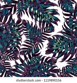 Palm Monstera Seamless Pattern. Blue Black Tropical Summer Background. Beach Jungle Leaves for Swimwear Design. Lei Rapport. Retro Hawaiian Print. Exotic Texture. Botanic tiling.