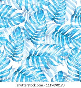 Palm Monstera Seamless Pattern. Blue White Tropical Summer Background. Beach Jungle Leaves for Swimwear Design. Lei Rapport. Retro Hawaiian Print. Exotic Texture. Botanic tile.