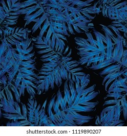 Palm Monstera Seamless Pattern. Blue Black Tropical Summer Background. Beach Jungle Leaves for Swimwear Design. Lei Rapport. Vintage Hawaiian Print. Tropic Textile Texture.  Botanic tile.