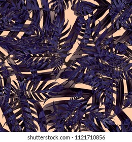 Palm Monstera Seamless Pattern. Blue Black Tropical Summer Background. Beach Jungle Leaves for Swimwear Design. Retro Hawaiian Print. Tropic Textile Texture.  Botanic tiling.