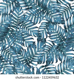 Palm Monstera Seamless Pattern. Blue White Tropical Summer Background. Beach Jungle Leaves for Swimwear Design. Lei Rapport. Retro Hawaiian Print. Tropic Textile Texture.  Botanic tiling.