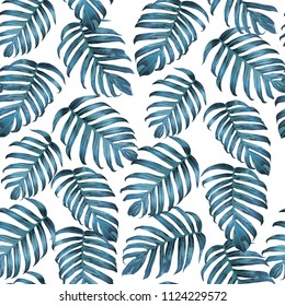 Palm Monstera Seamless Pattern. Blue White Tropical Summer Background. Beach Jungle Leaves for Swimwear Design. Lei Rapport. Vintage Hawaiian Print. Exotic Texture. Botanic tiling.