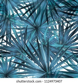 Palm Monstera Seamless Pattern. Blue White Tropical Summer Background. Beach Jungle Leaves for Swimwear Design. Lei Rapport. Retro Hawaiian Print. Exotic Texture. Botanic tiling.