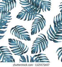 Palm Monstera Seamless Pattern. Blue White Tropical Summer Background. Beach Jungle Leaves for Swimwear Design. Lei Rapport. Vintage Hawaiian Print. Tropic Textile Texture.  Botanic tile.