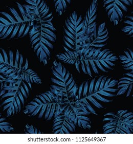 Palm Monstera Seamless Pattern. Blue Black Tropical Summer Background. Beach Jungle Leaves for Swimwear Design. Lei Rapport. Retro Hawaiian Print. Exotic Texture. Botanic tile.