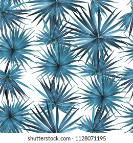 Palm Monstera Seamless Pattern. Blue White Tropical Summer Background. Beach Jungle Leaves for Swimwear Design. Lei Rapport. Vintage Hawaiian Print. Tropic Textile Texture.  Botanic tile.