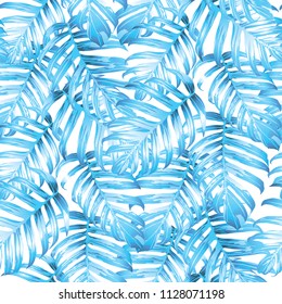 Palm Monstera Seamless Pattern. Blue White Tropical Summer Background. Beach Jungle Leaves for Swimwear Design. Lei Rapport. Vintage Hawaiian Print. Exotic Texture. Botanic tile.