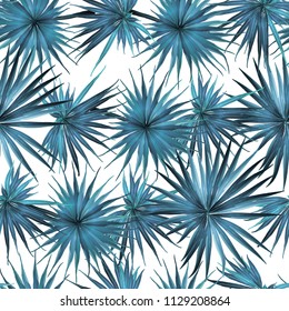 Palm Monstera Seamless Pattern. Blue White Tropical Summer Background. Beach Jungle Leaves for Swimwear Design. Lei Rapport. Retro Hawaiian Print. Tropic Textile Texture.  Botanic tile.