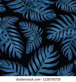 Palm Monstera Seamless Pattern. Blue Black Tropical Summer Background. Beach Jungle Leaves for Swimwear Design. Lei Rapport. Retro Hawaiian Print. Tropic Textile Texture.  Botanic tiling.