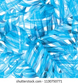 Palm Monstera Seamless Pattern. Blue White Tropical Summer Background. Beach Jungle Leaves for Swimwear Design. Lei Rapport. Retro Hawaiian Print. Exotic Texture. Botanic tiling.