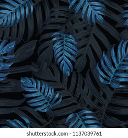 Palm Monstera Seamless Pattern. Blue Black Tropical Summer Background. Beach Jungle Leaves for Swimwear Design. Lei Rapport. Retro Hawaiian Print. Exotic Texture. Botanic tiling.