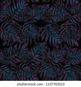 Palm Monstera Seamless Pattern. Blue Black Tropical Summer Background. Beach Jungle Leaves for Swimwear Design. Lei Rapport. Retro Hawaiian Print. Exotic Texture. Botanic tile.